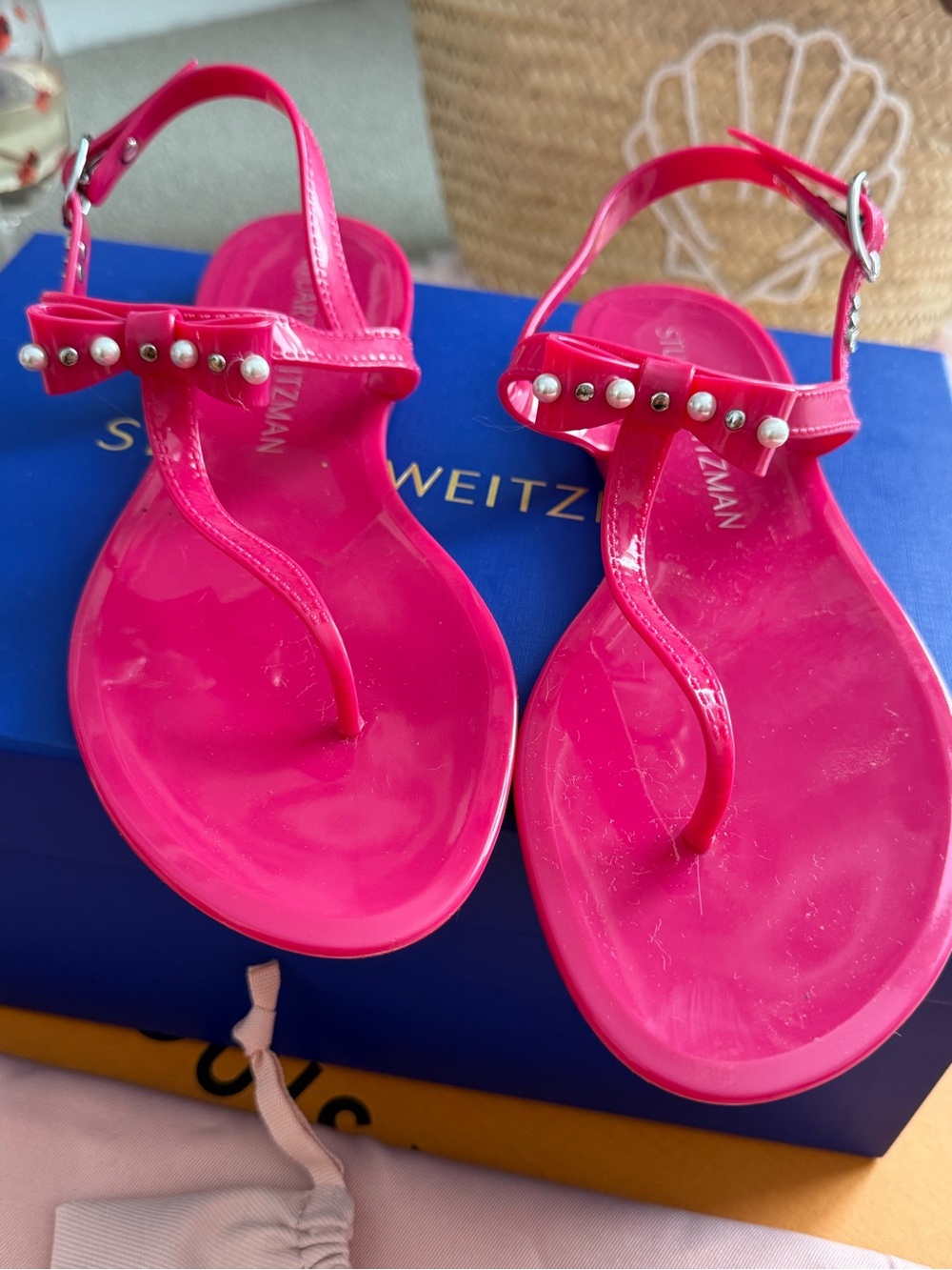 Stuart Weitzman Hot Pink Jelly Thong Sandals with Pearl Studs